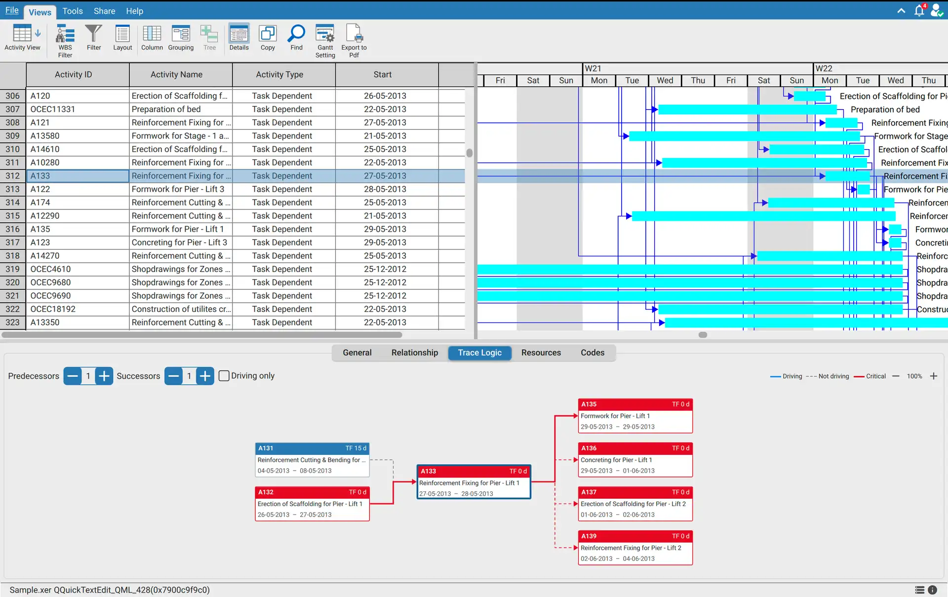 Trace Logic tab of the details panel in XER Reader showing the selected activity with its predecessors to the left and successors to the right, driving relationships drawn solid and the others dashed
