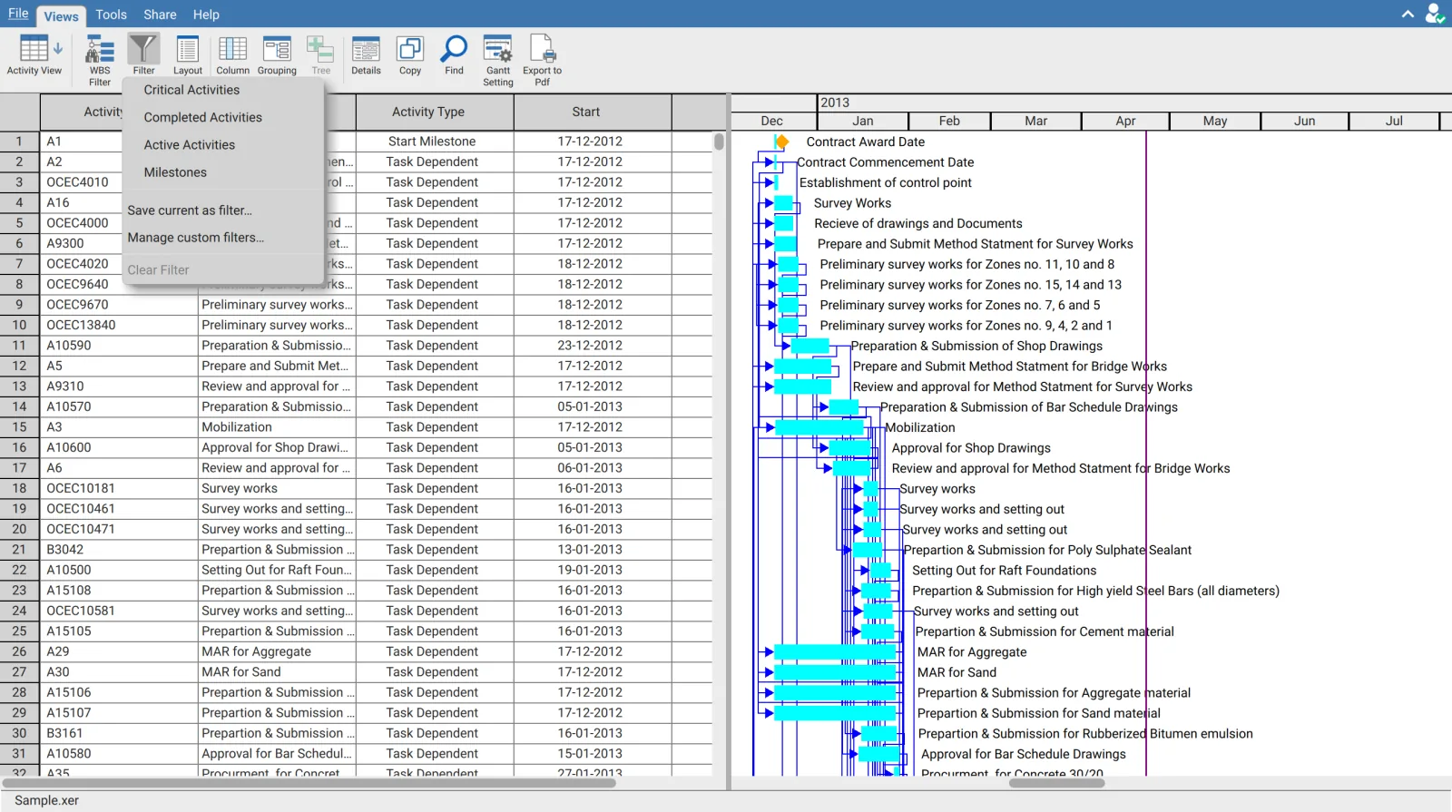 Filter menu open in XER Reader showing Critical Activities, Completed Activities, Active Activities, Milestones, and the save and manage entries