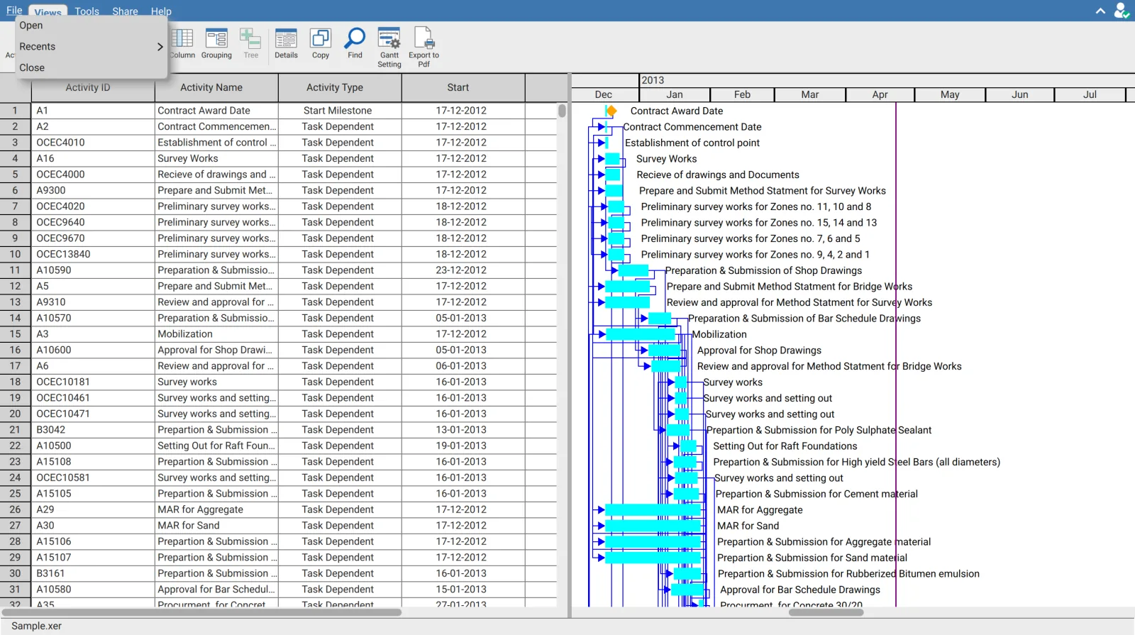 File menu in XER Reader showing Open, Recents, and Close