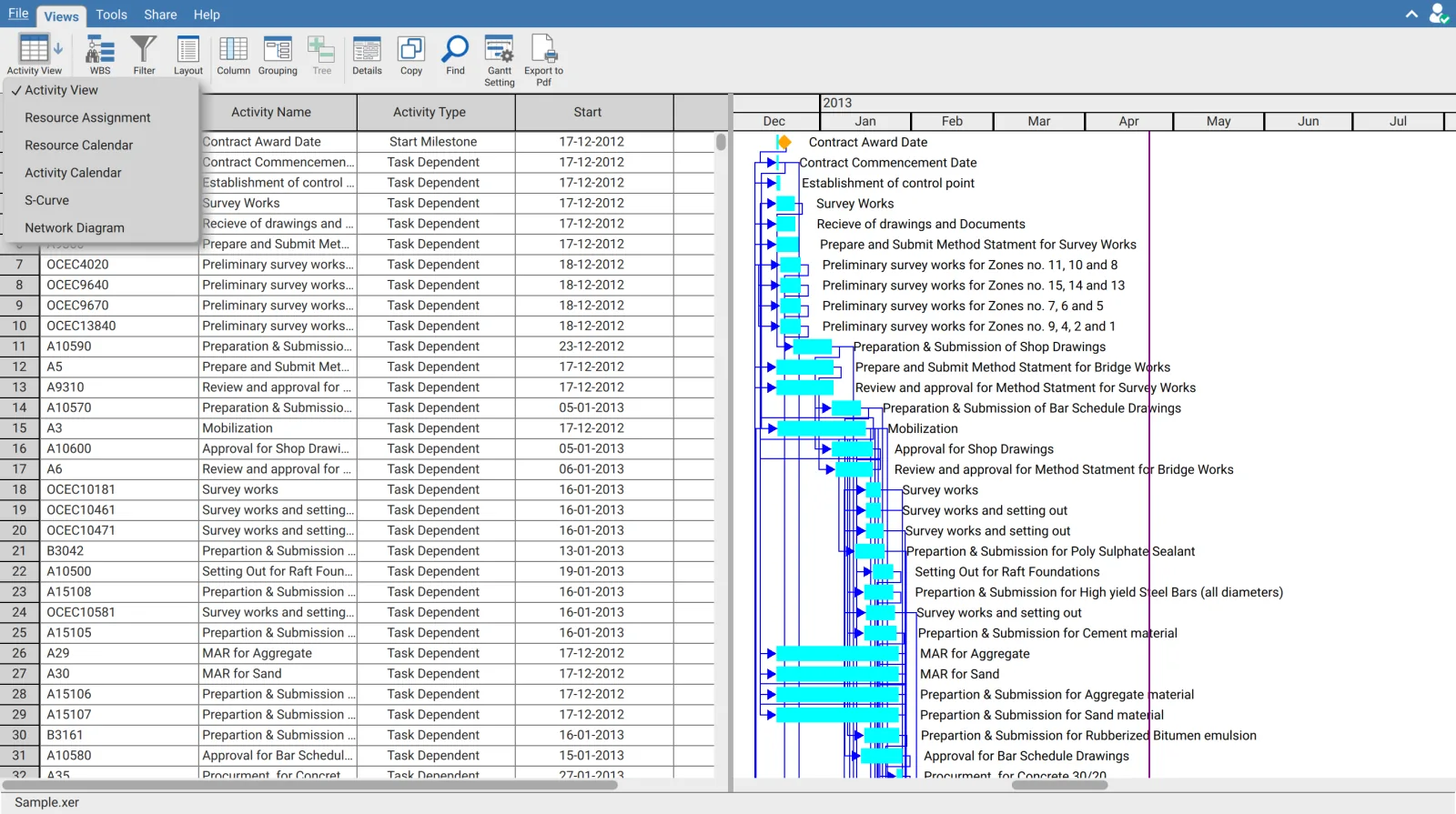 XER Reader interface showing Views menu dropdown with all 6 views and Activity View toolbar