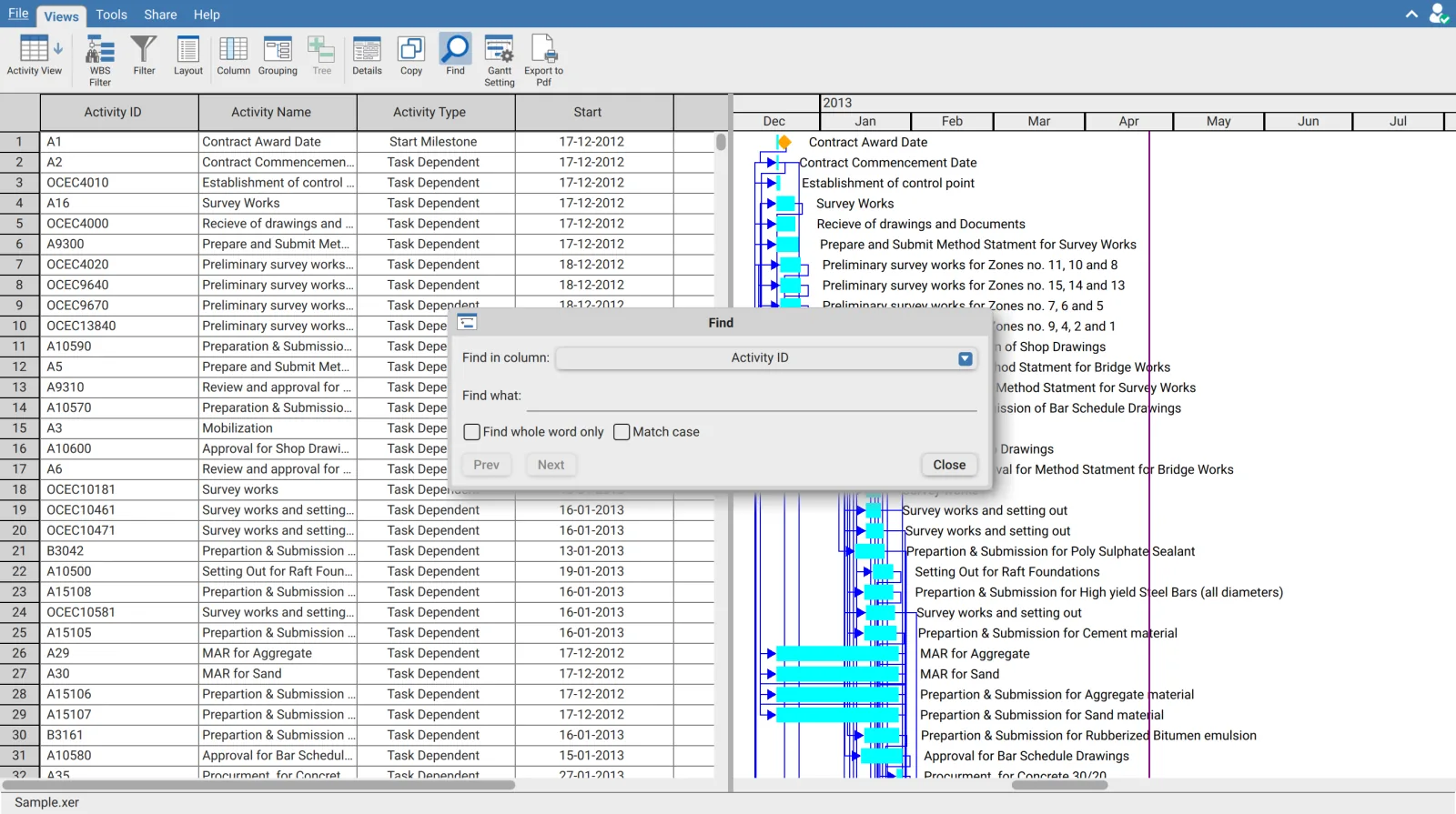 XER Reader Find dialog searching by Activity ID