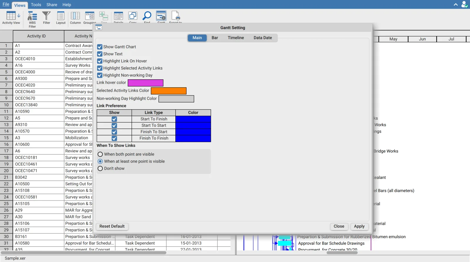 XER Reader Gantt Setting dialog showing the Main tab with display options, link preferences, and visibility rules