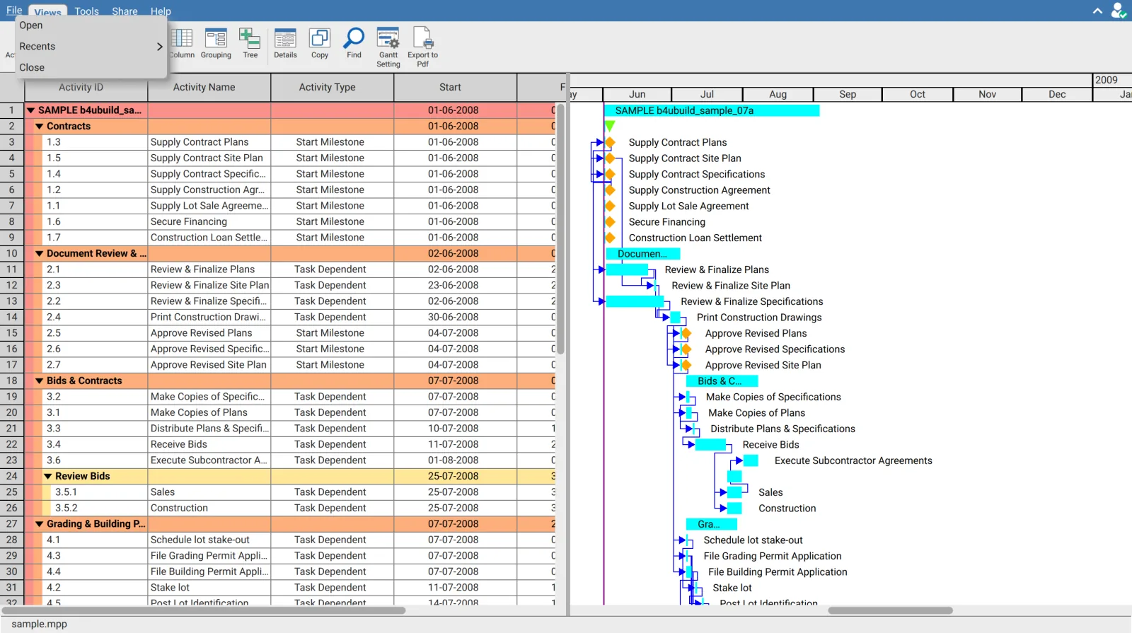 File menu in XER Reader showing recent schedules