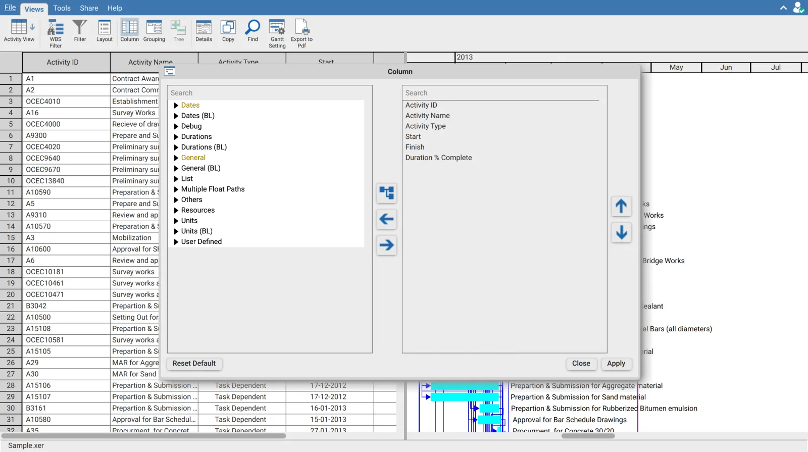 Column View dialog in XER Reader showing Available and Selected columns