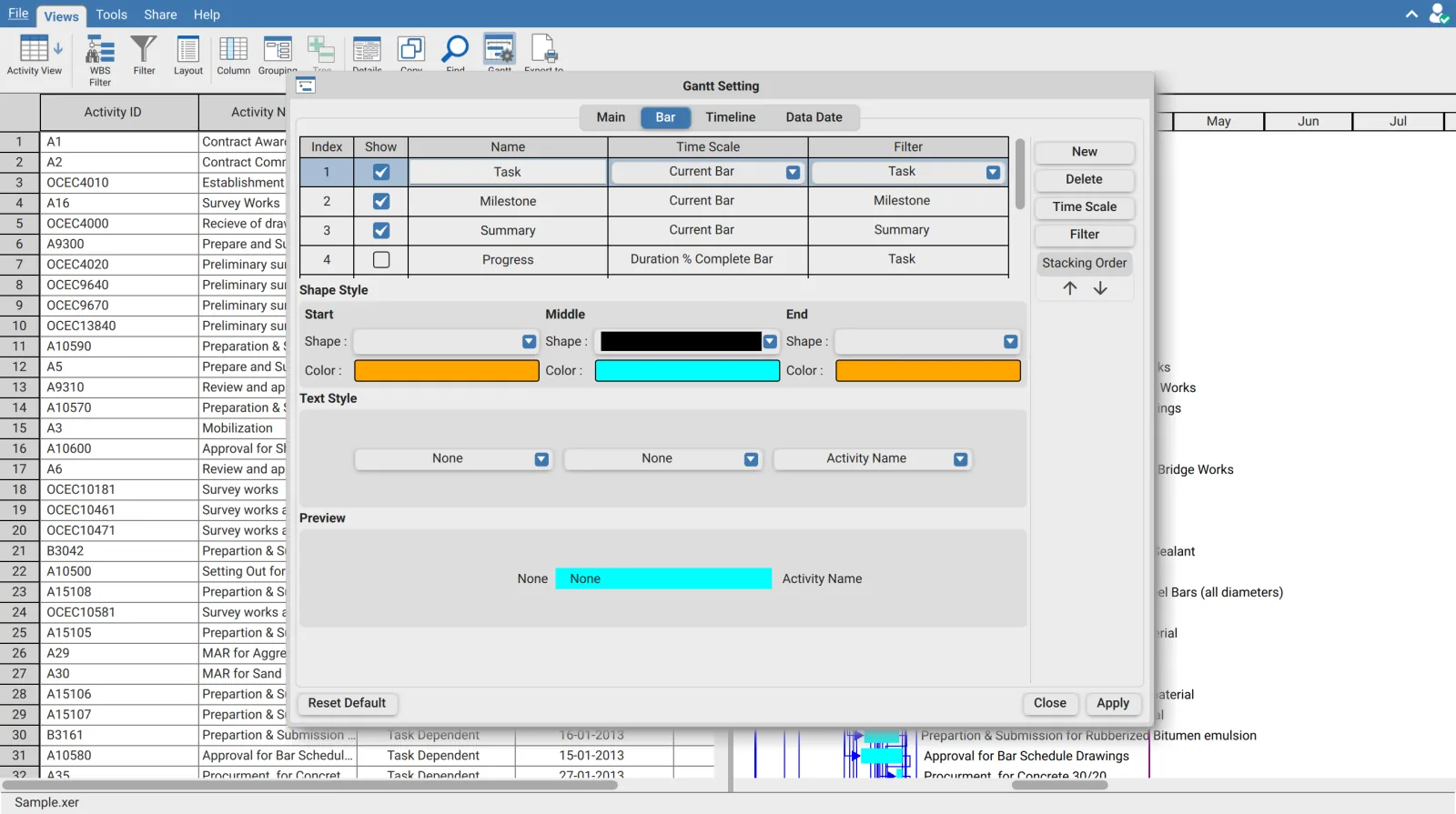XER Reader Gantt Setting dialog showing the Bar tab with styles table, shape customization, text positions, and preview bar