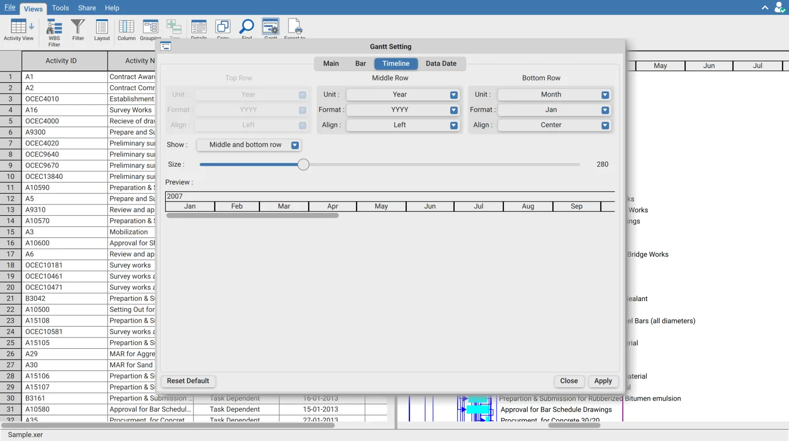 XER Reader Gantt Setting dialog showing the Timeline configuration tab