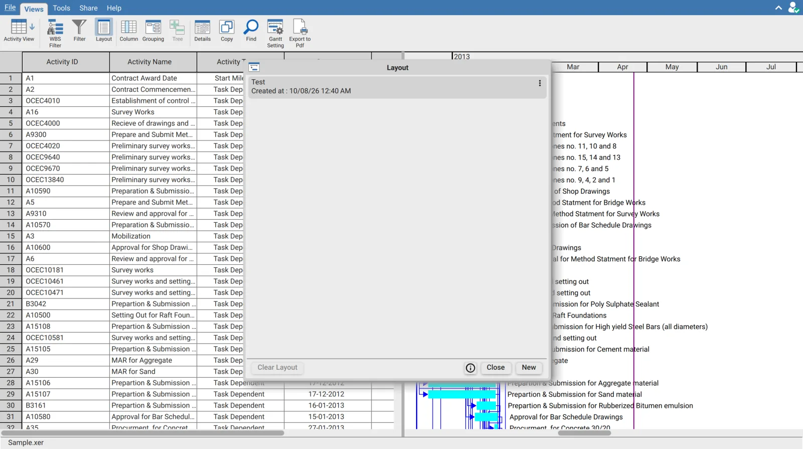 Layout Manager dialog in XER Reader