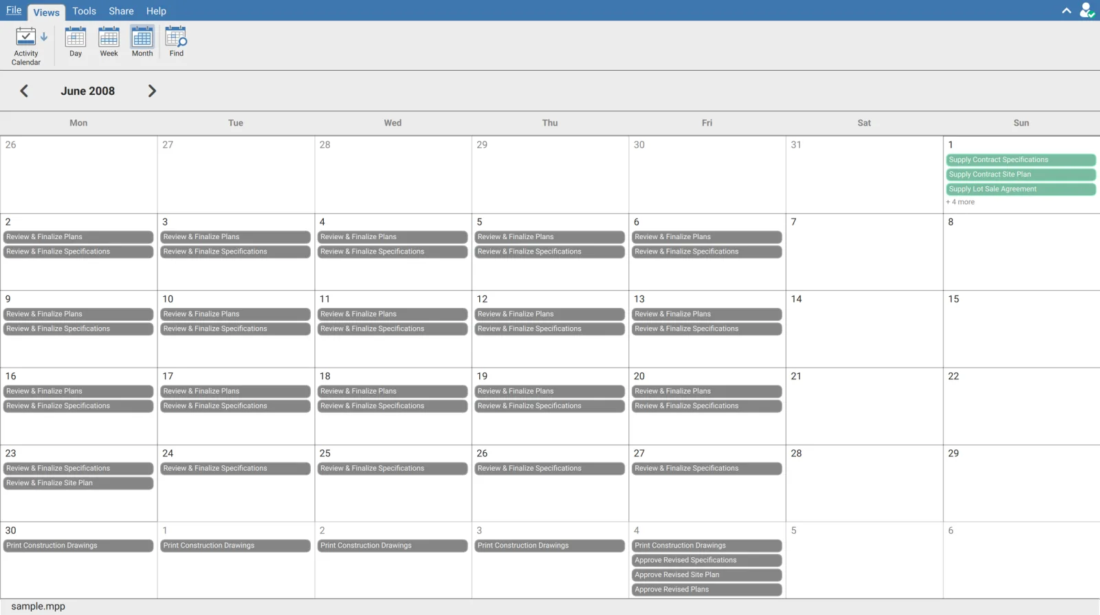 Activity Calendar in XER Reader in Month mode showing June 2008, with activities named in coloured blocks on each working day and a plus four more label where a day overflows