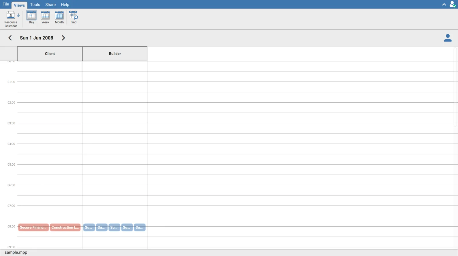 Resource Calendar in XER Reader with the by resource day layout active, showing a column for Client and a column for Builder with each resource's assignments in its own column and the person icon highlighted