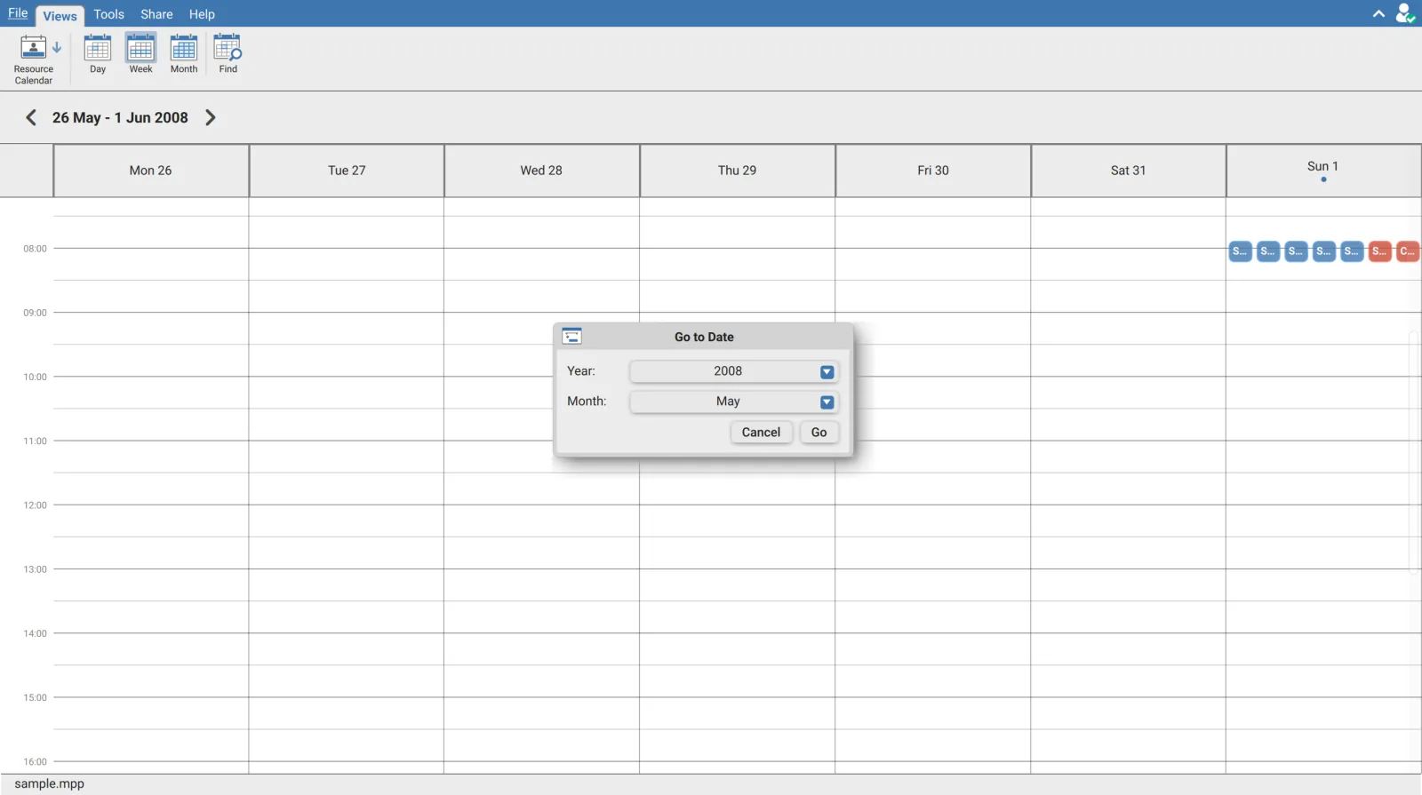 Go to Date dialog in XER Reader with Year and Month selectors and Cancel and Go buttons