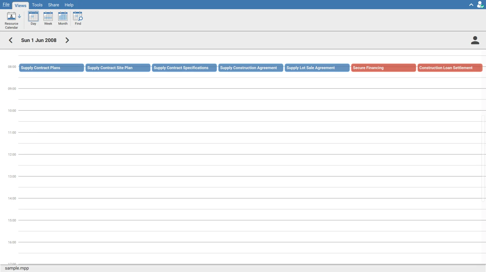Resource Calendar in XER Reader in Day mode showing Sunday 1 June 2008 with seven named assignment blocks in a row at 08:00 and a person icon at the right of the header