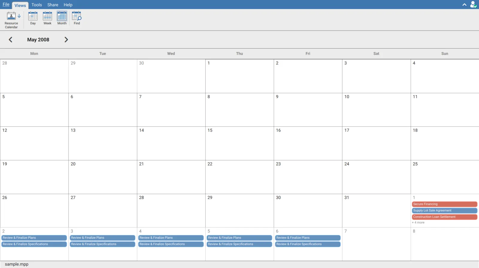 Resource Calendar in XER Reader in Month mode showing May 2008 with assignment blocks appearing on the first of June and a plus four more label