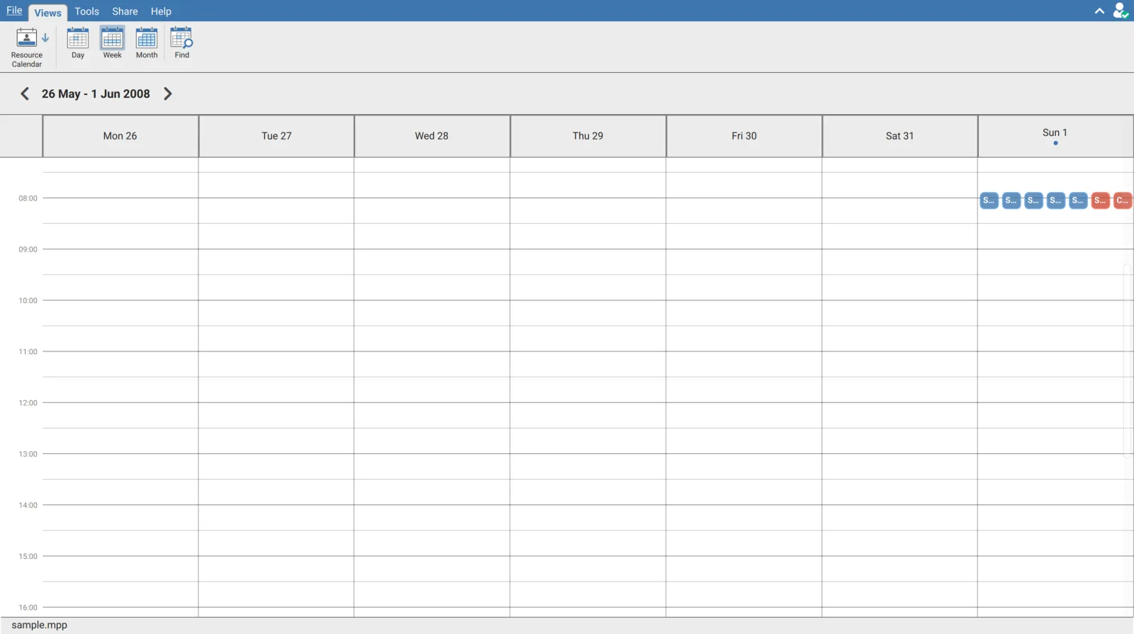 Resource Calendar in XER Reader in Week mode showing 26 May to 1 Jun 2008 with assignment blocks on the Sunday at 08:00