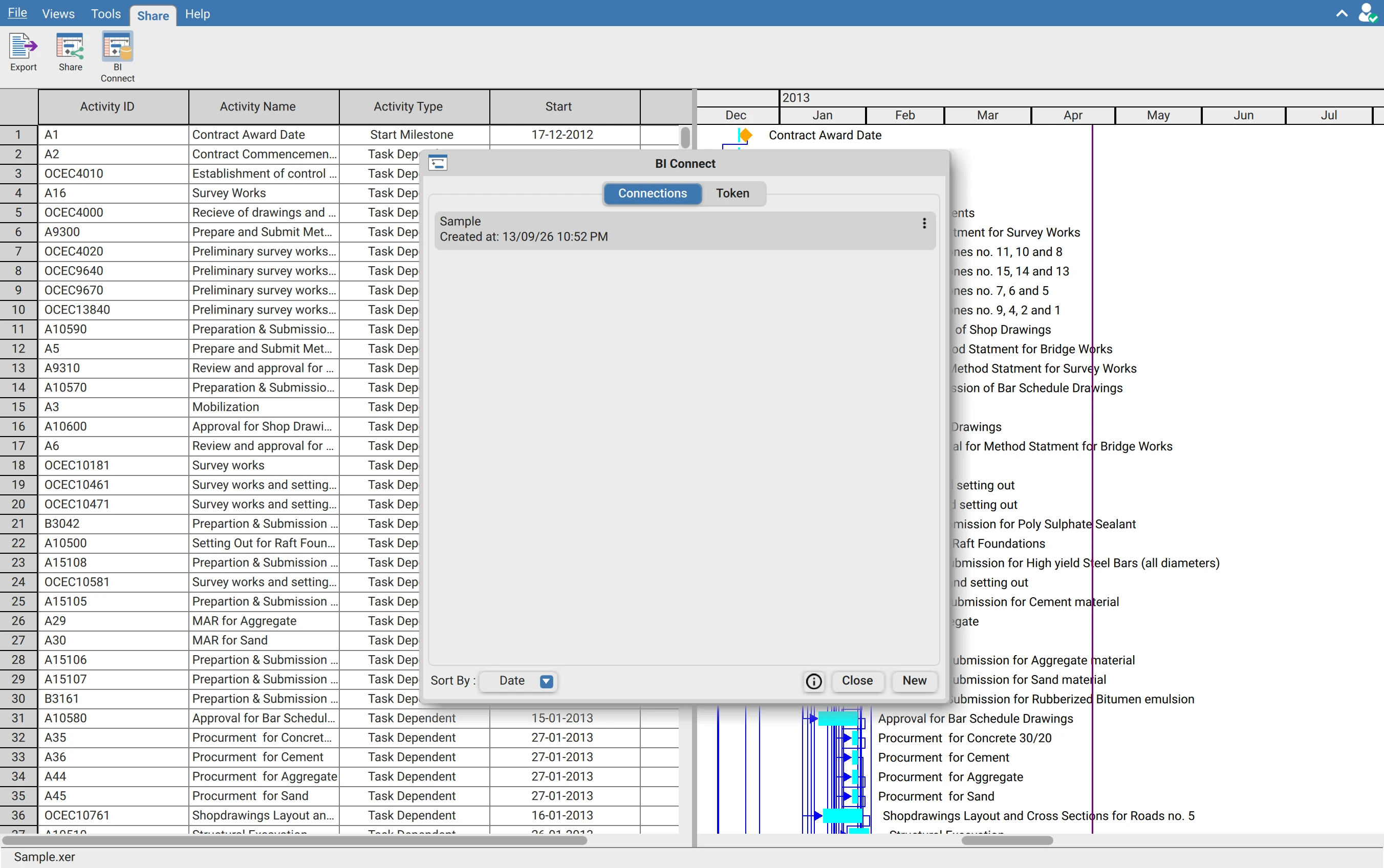 BI Connect dialog in XER Reader open on the Connections tab