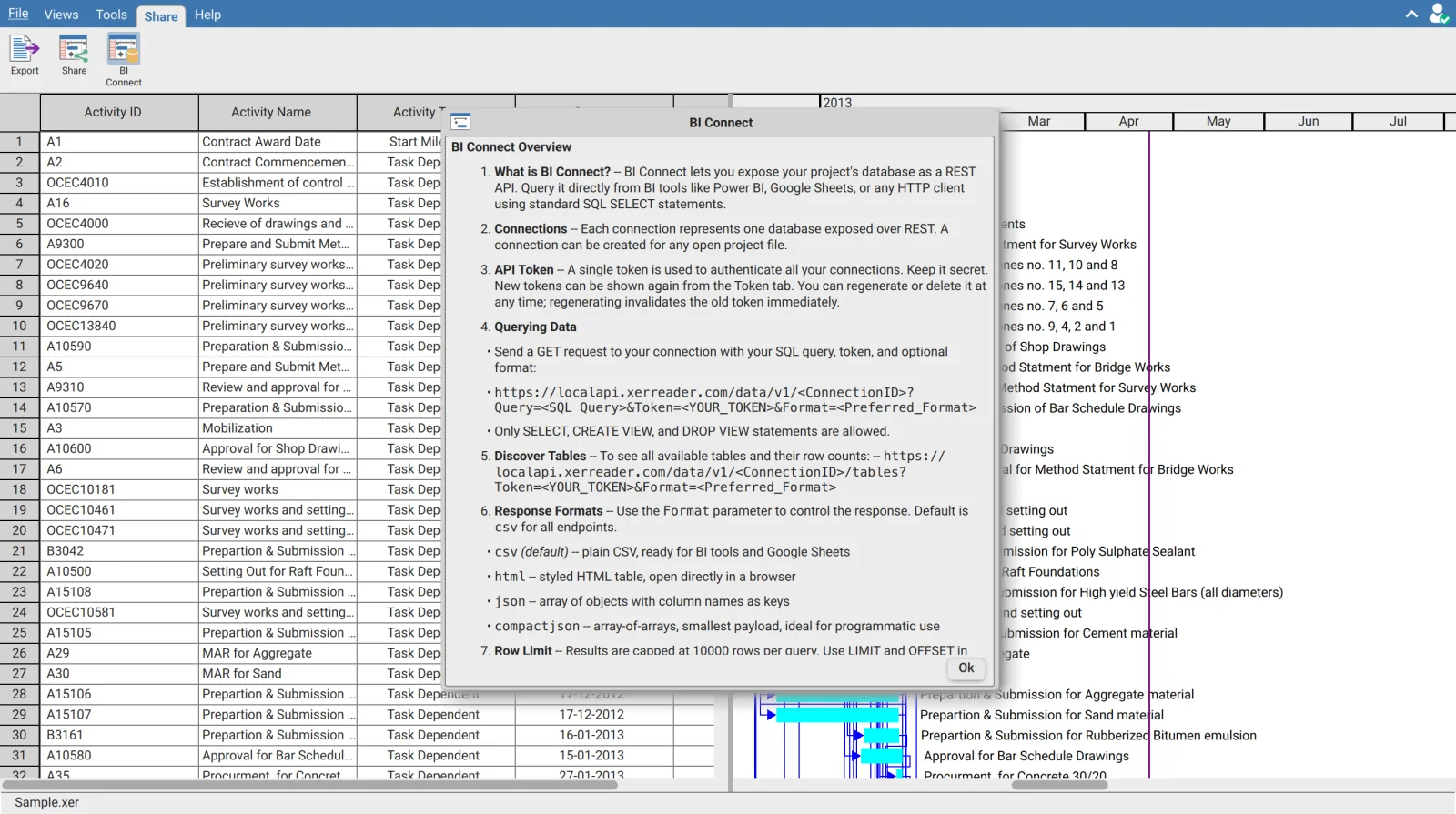 BI Connect Overview panel in XER Reader describing connections, the API token, querying, table discovery, response formats and the row limit