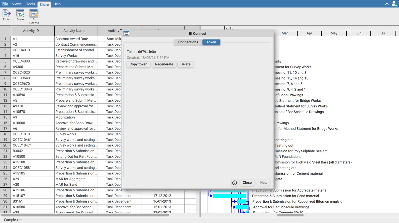 Token tab of the BI Connect dialog in XER Reader showing the token preview, creation date and the Copy token, Regenerate and Delete controls