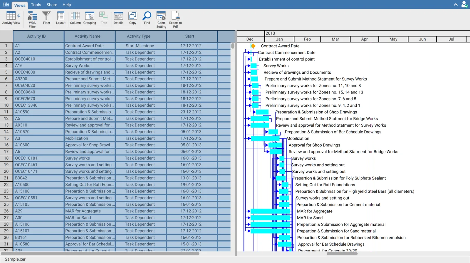 Activity table in XER Reader with the whole table selected by clicking the corner cell