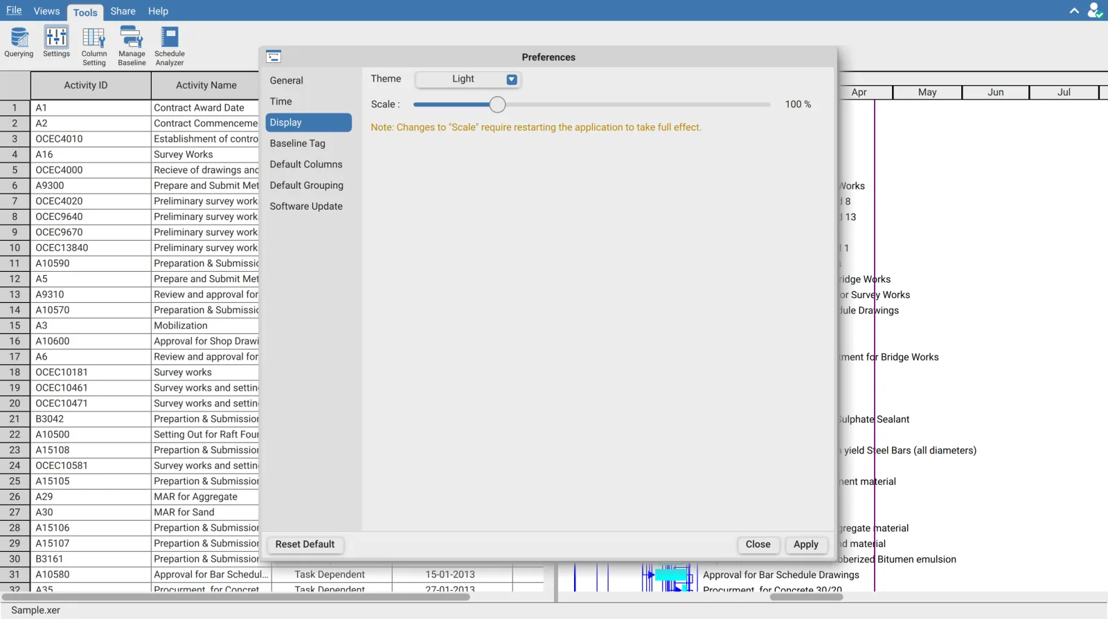 Display page of the Preferences dialog in XER Reader showing the Theme selector, the Scale slider reading 100 percent and the note about restarting
