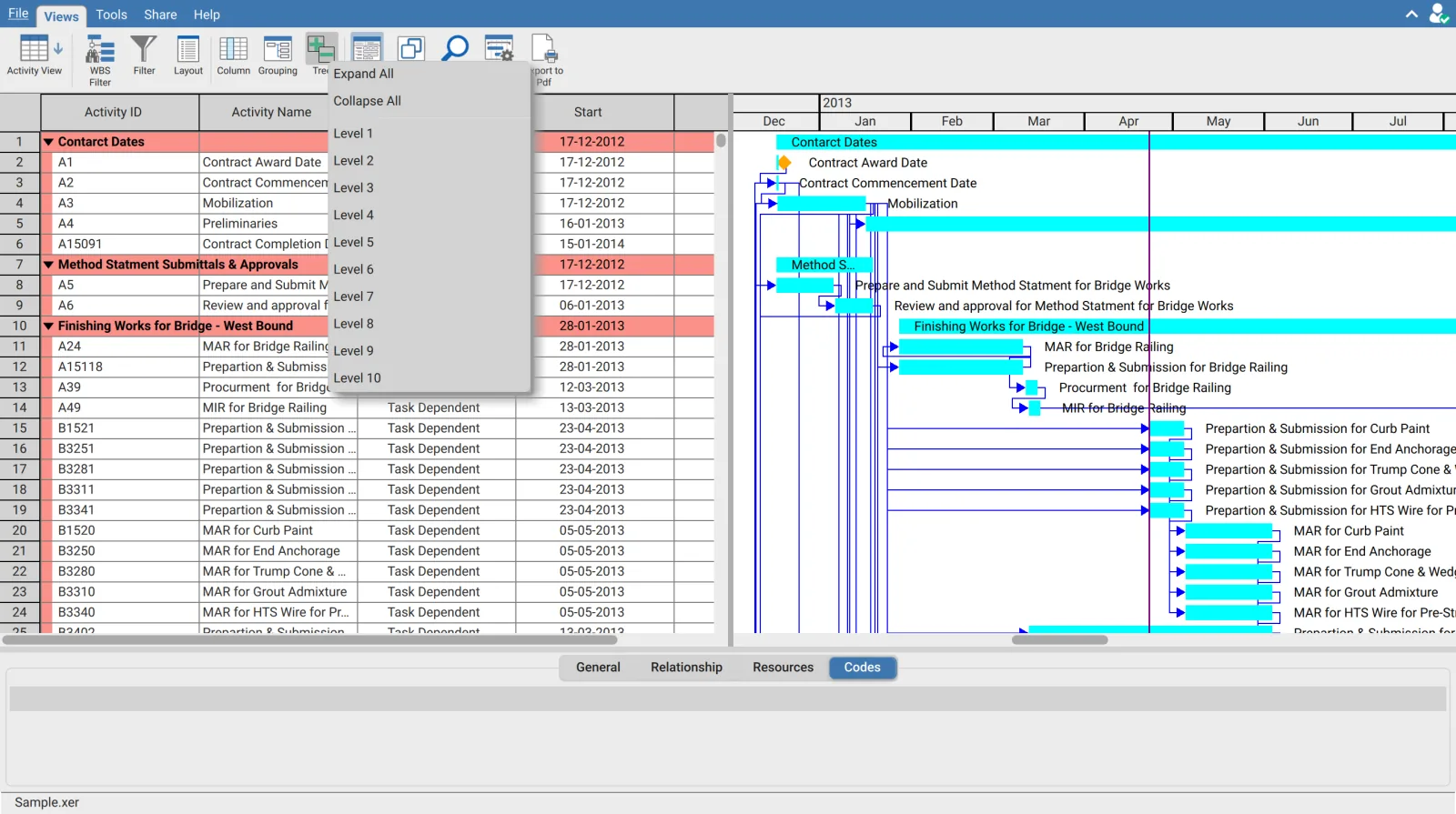 Tree menu open in XER Reader showing Expand All, Collapse All and the numbered level entries