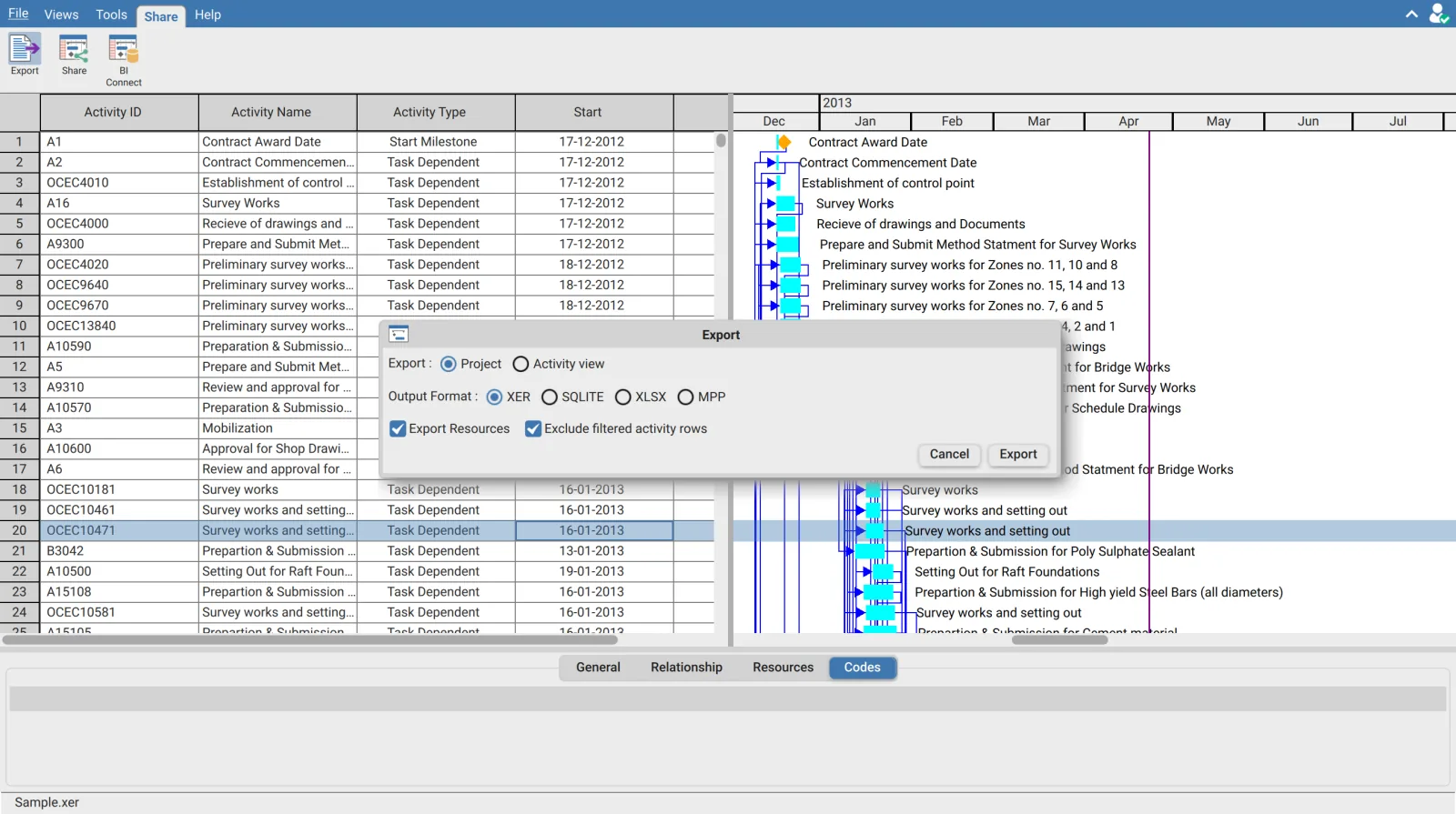 Export dialog in XER Reader showing the Project and Activity view options, the output formats, and the Export Resources and Exclude filtered activity rows checkboxes