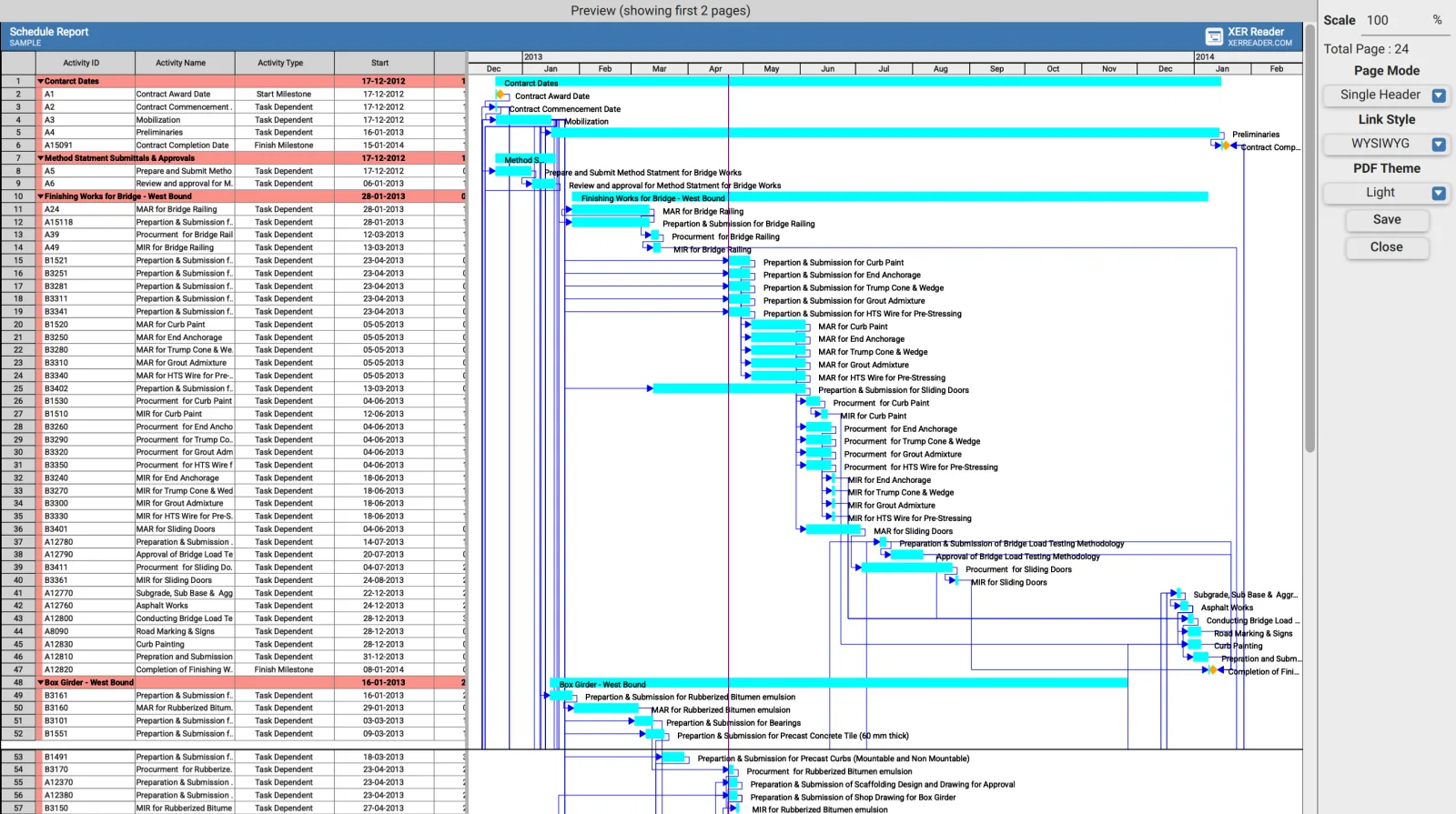 PDF export preview in XER Reader showing the schedule with the Scale, Total Page, Page Mode, Link Style and PDF Theme controls