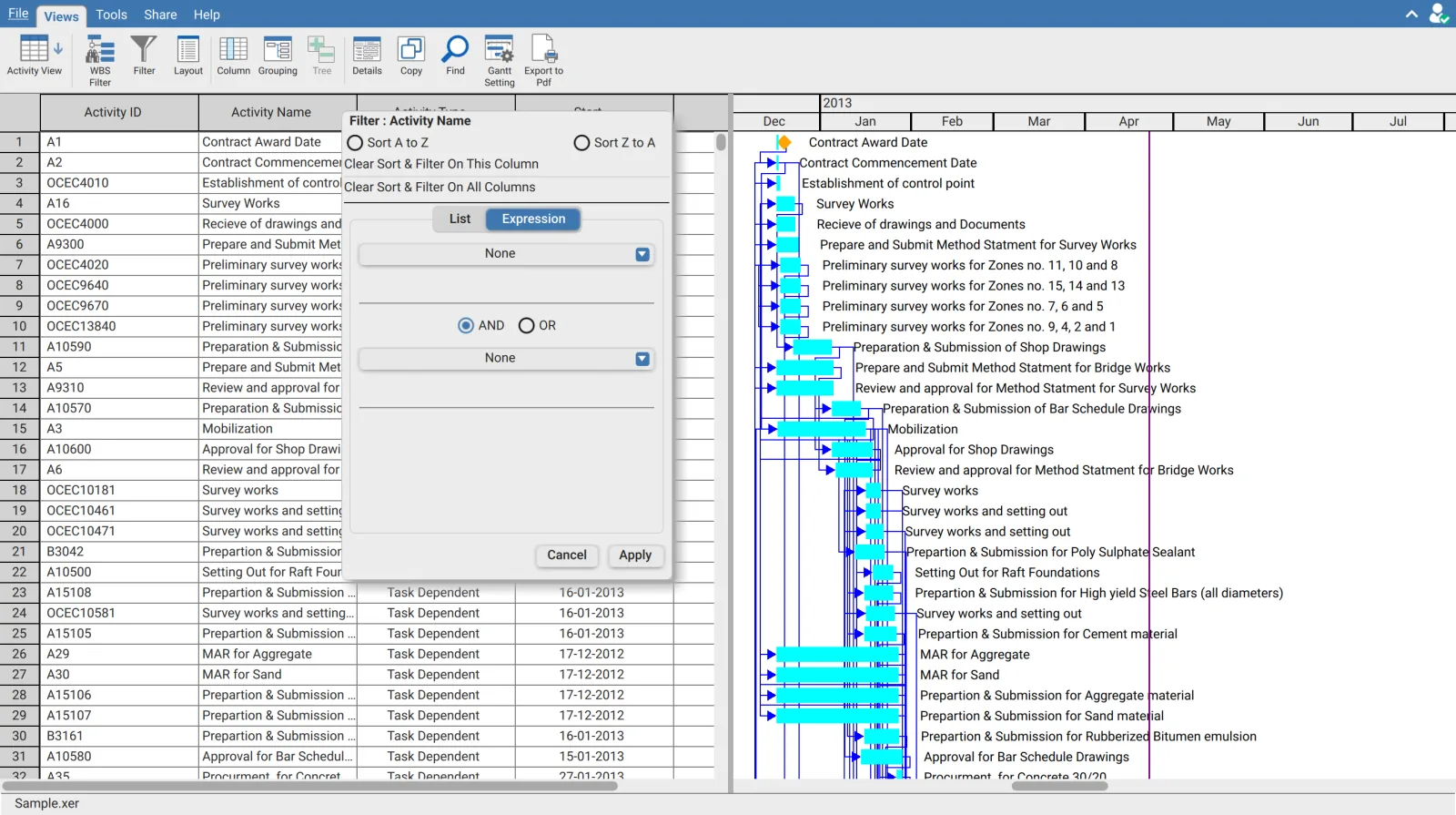 Column filter popup in XER Reader on the Expression tab, showing two operator dropdowns joined by AND and OR radio buttons