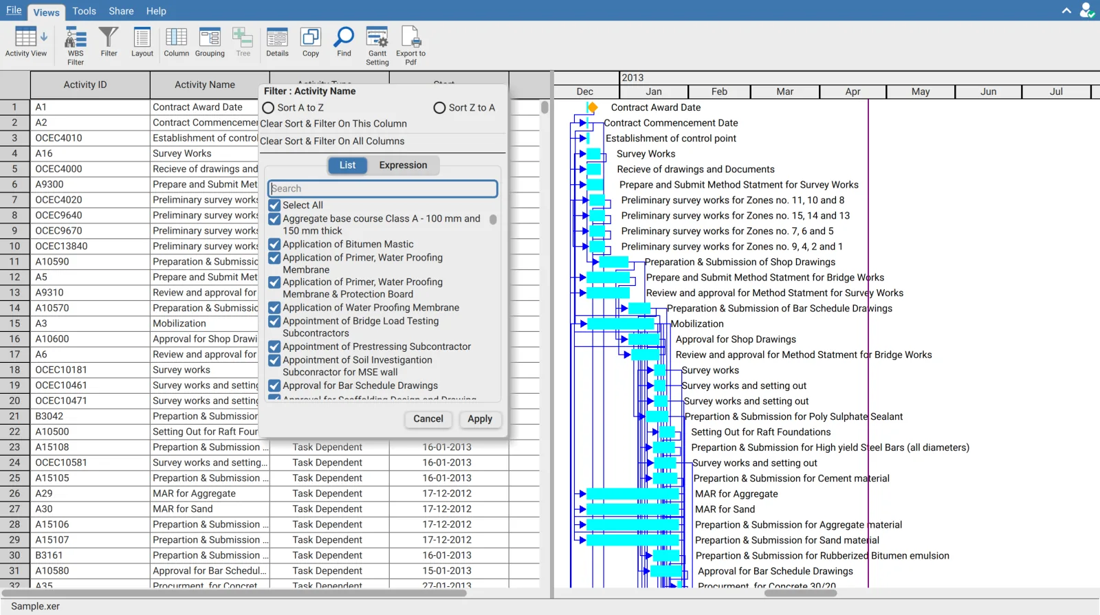 Column filter popup in XER Reader on the List tab, showing the search box, Select All and the distinct values of the Activity Name column