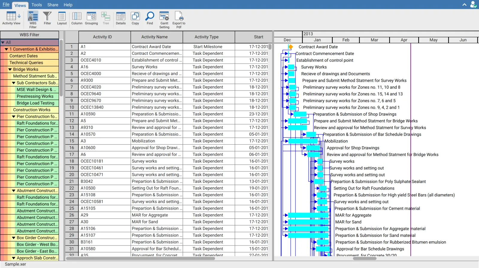 WBS Filter panel open on the left of XER Reader beside the activity table and Gantt chart