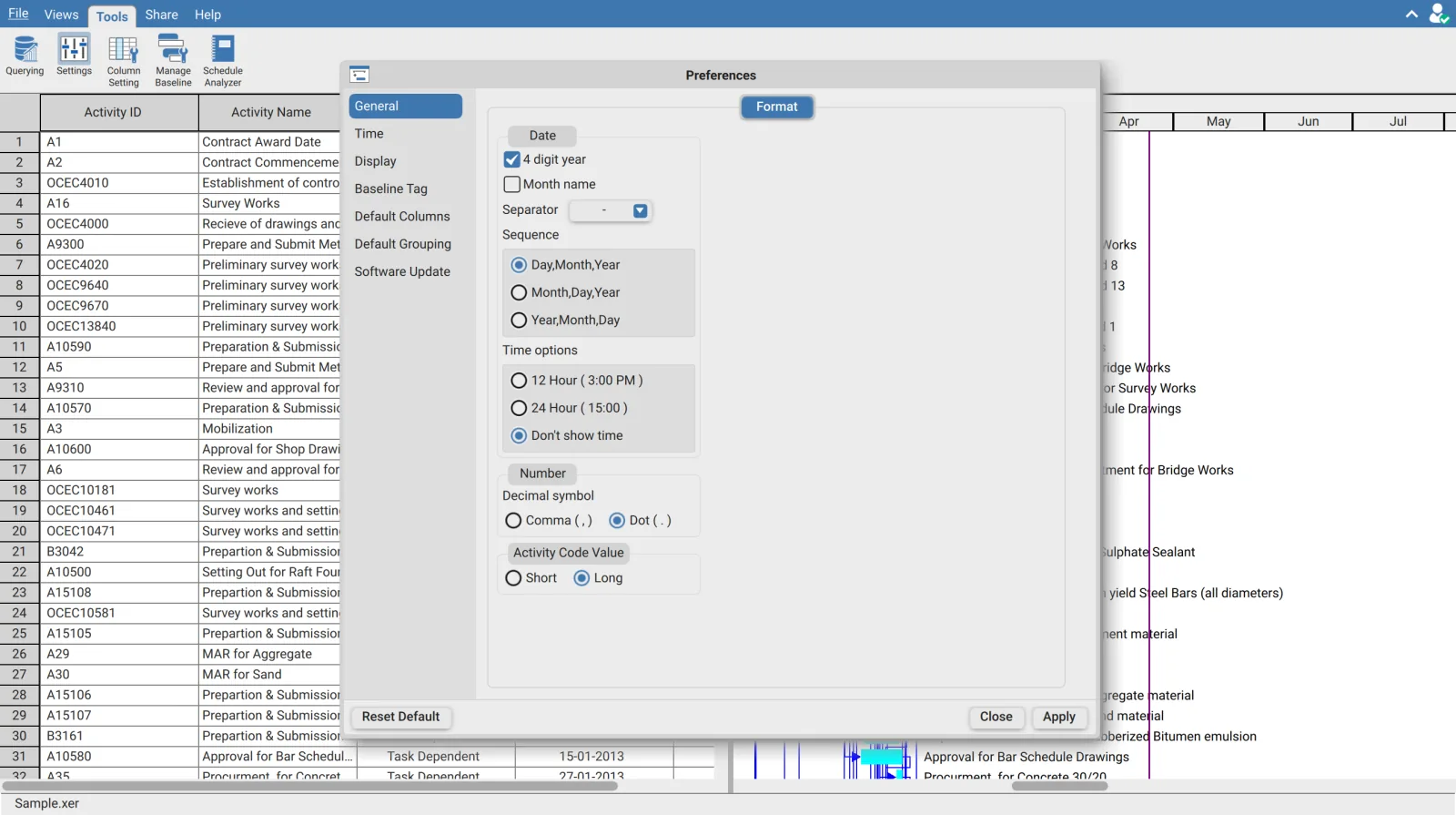General page of the Preferences dialog in XER Reader showing the Date, Number and Activity Code Value groups with the seven preference pages listed down the left