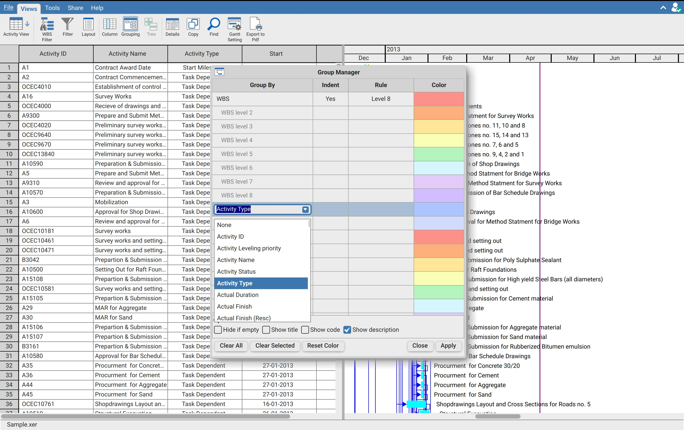 Group Manager dialog in XER Reader showing the Group By, Indent, Rule and Color columns