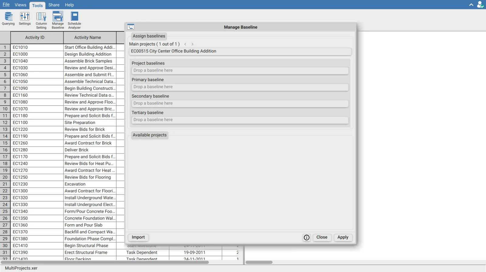 Manage Baseline dialog in XER Reader showing the main project navigation, four empty baseline slots each reading Drop a baseline here, and the Available projects list below