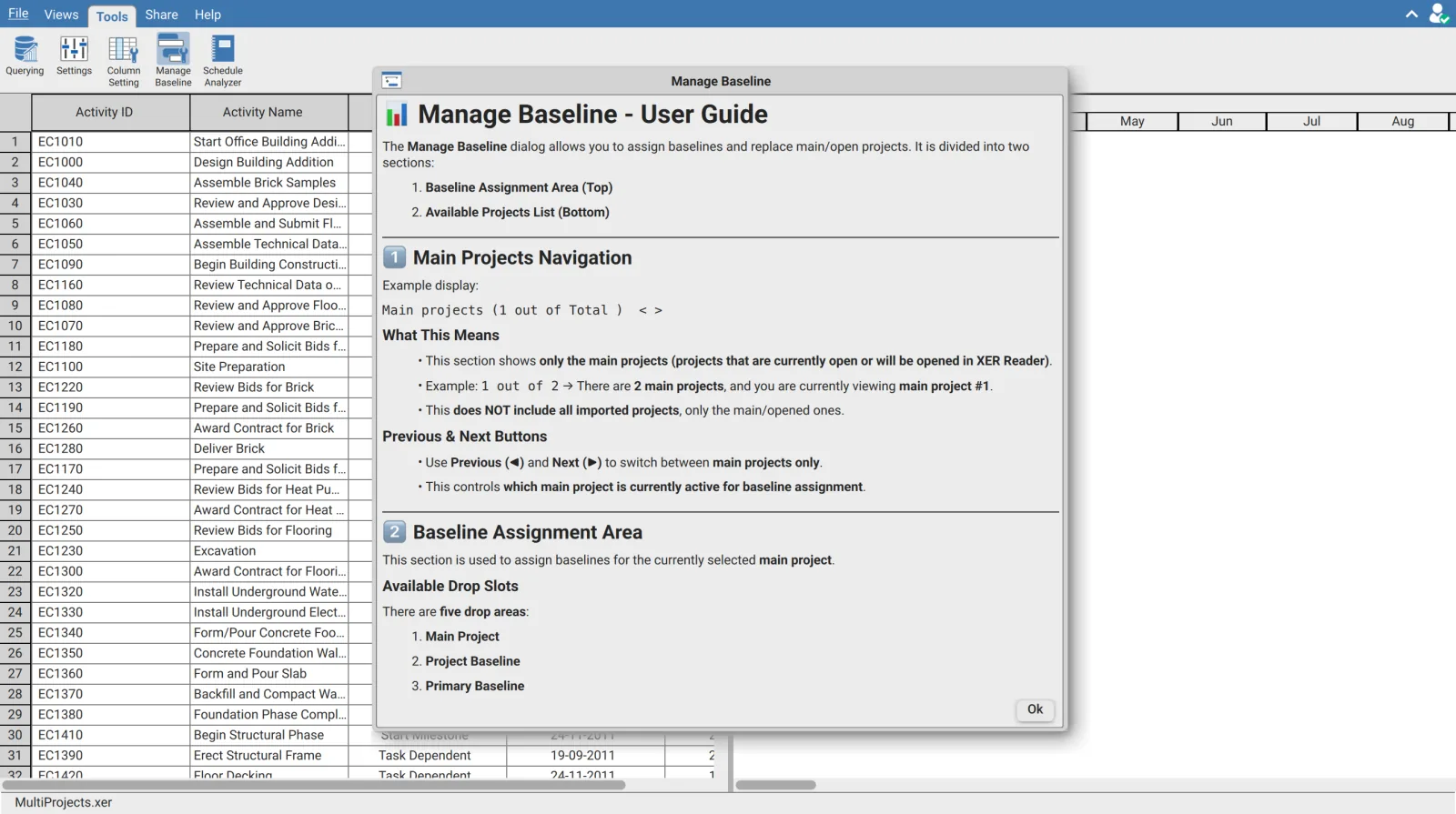 Manage Baseline user guide popup in XER Reader explaining main projects navigation and the baseline assignment area
