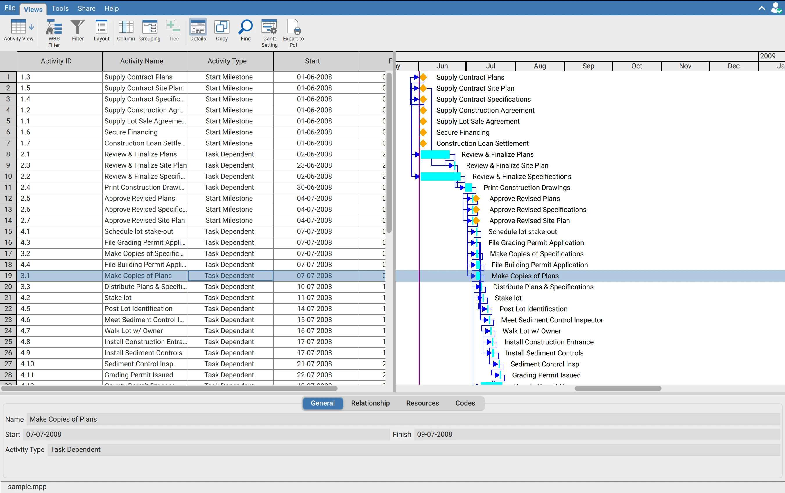 XER Reader with the activity details panel open below the activity table and Gantt chart