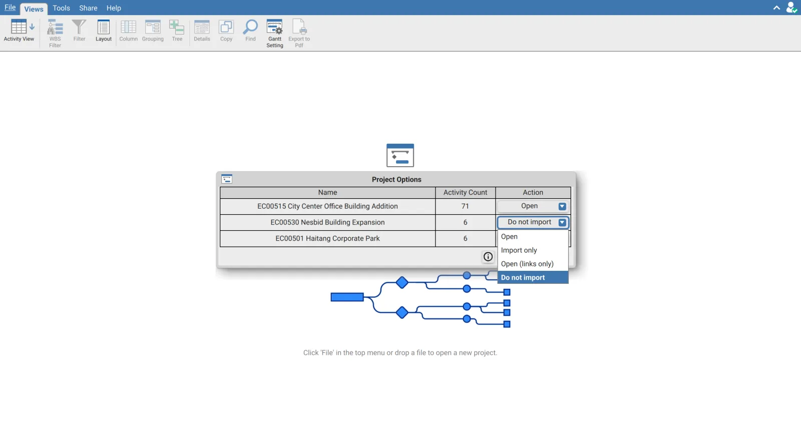 Action dropdown open in the Project Options dialog showing Open, Import only, Open links only, and Do not import