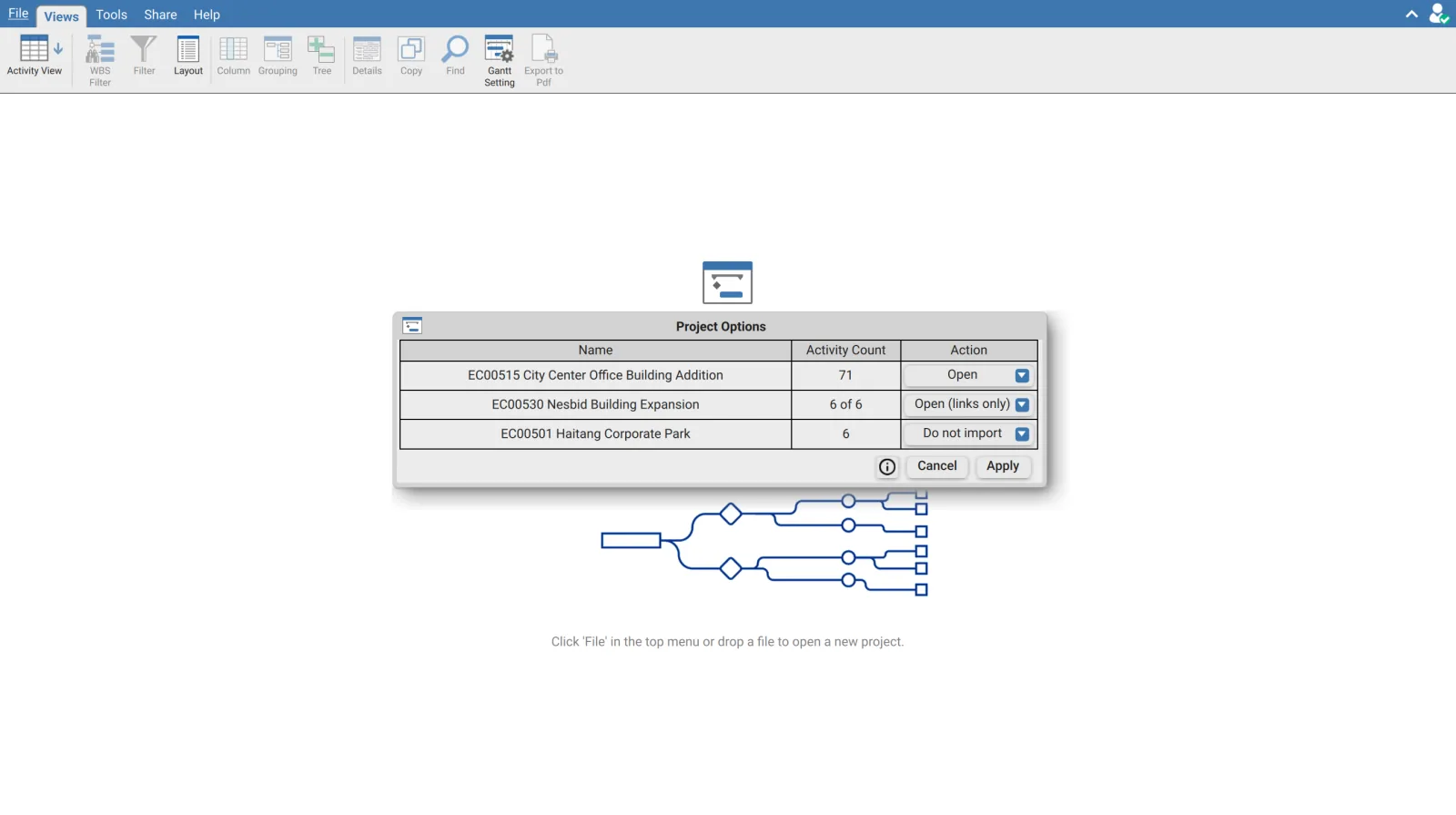 Project Options dialog with a project set to Open links only, its Activity Count showing six of six
