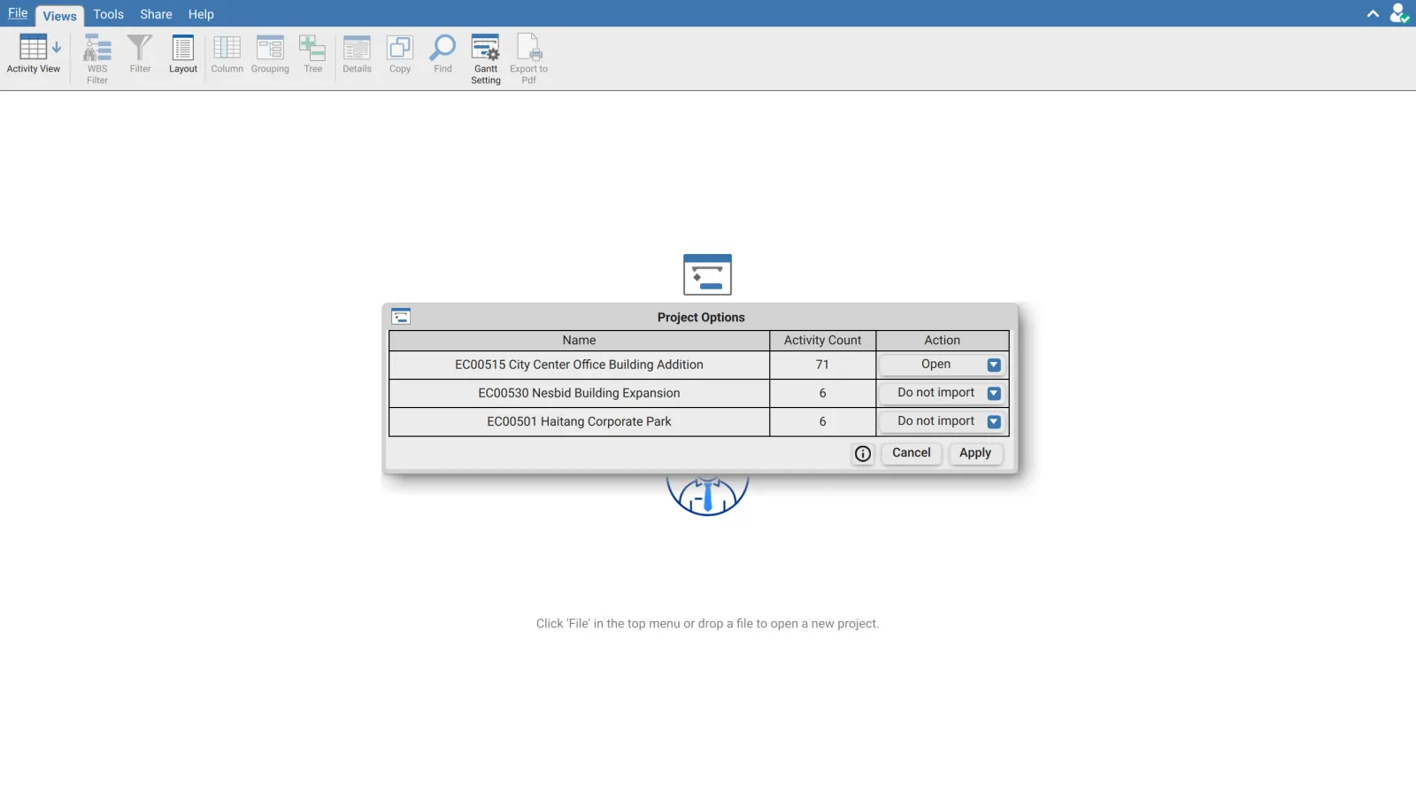 Project Options dialog in XER Reader listing three projects from a multi project XER file with their activity counts and an Action for each