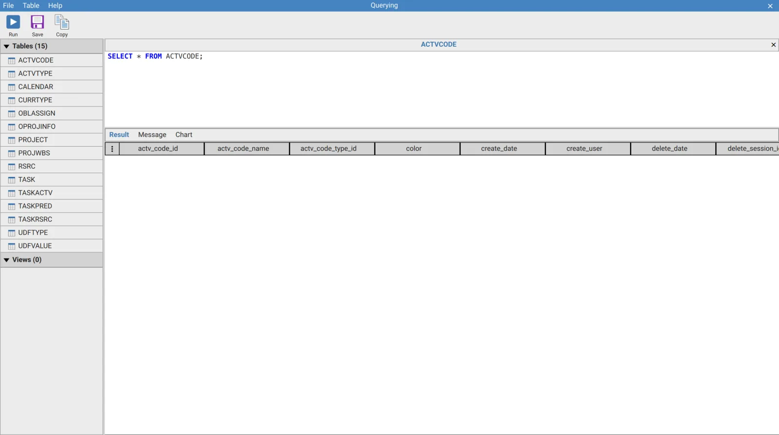 Querying view in XER Reader with the table list on the left, a SQL tab in the middle and the Result, Message and Chart tabs below