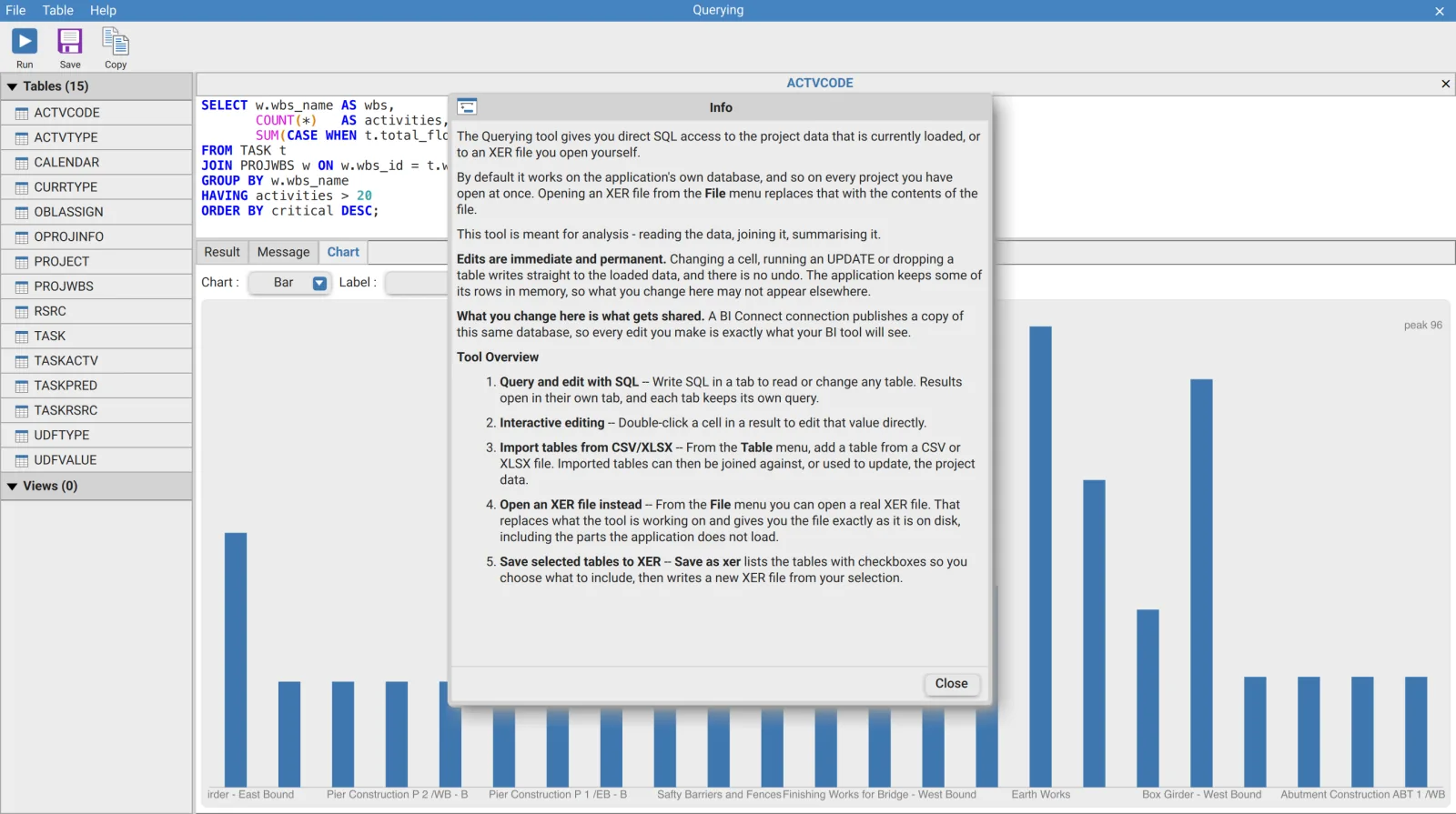 Info dialog in the XER Reader Querying tool explaining SQL access, permanent edits, CSV and XLSX import, opening an XER file and saving selected tables