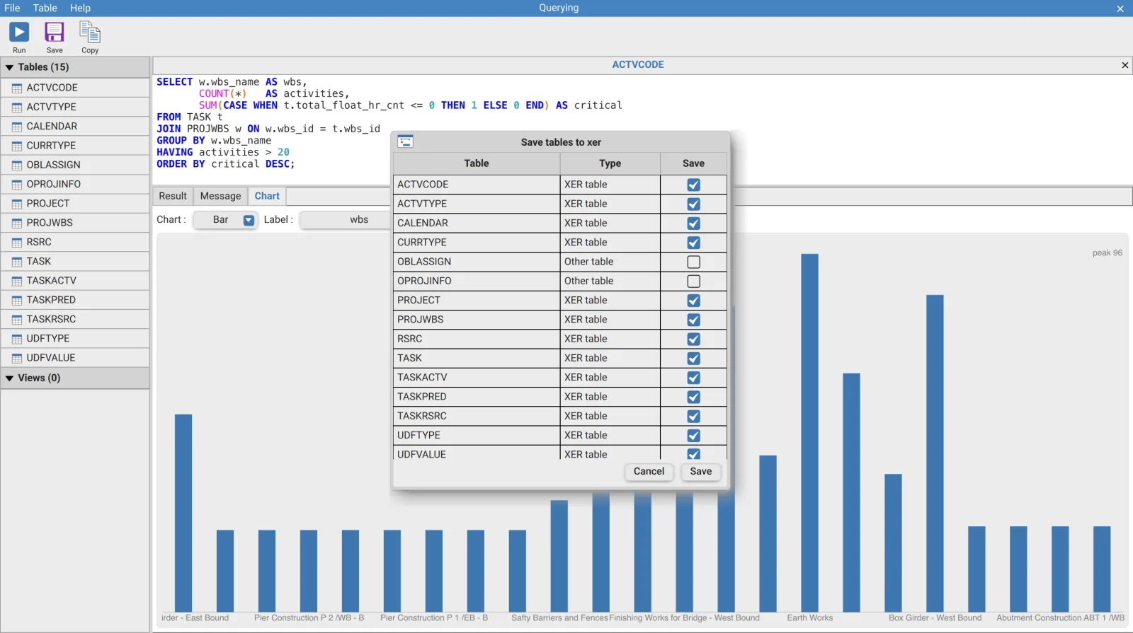 Save tables to xer dialog in XER Reader listing each table with its type and a Save checkbox