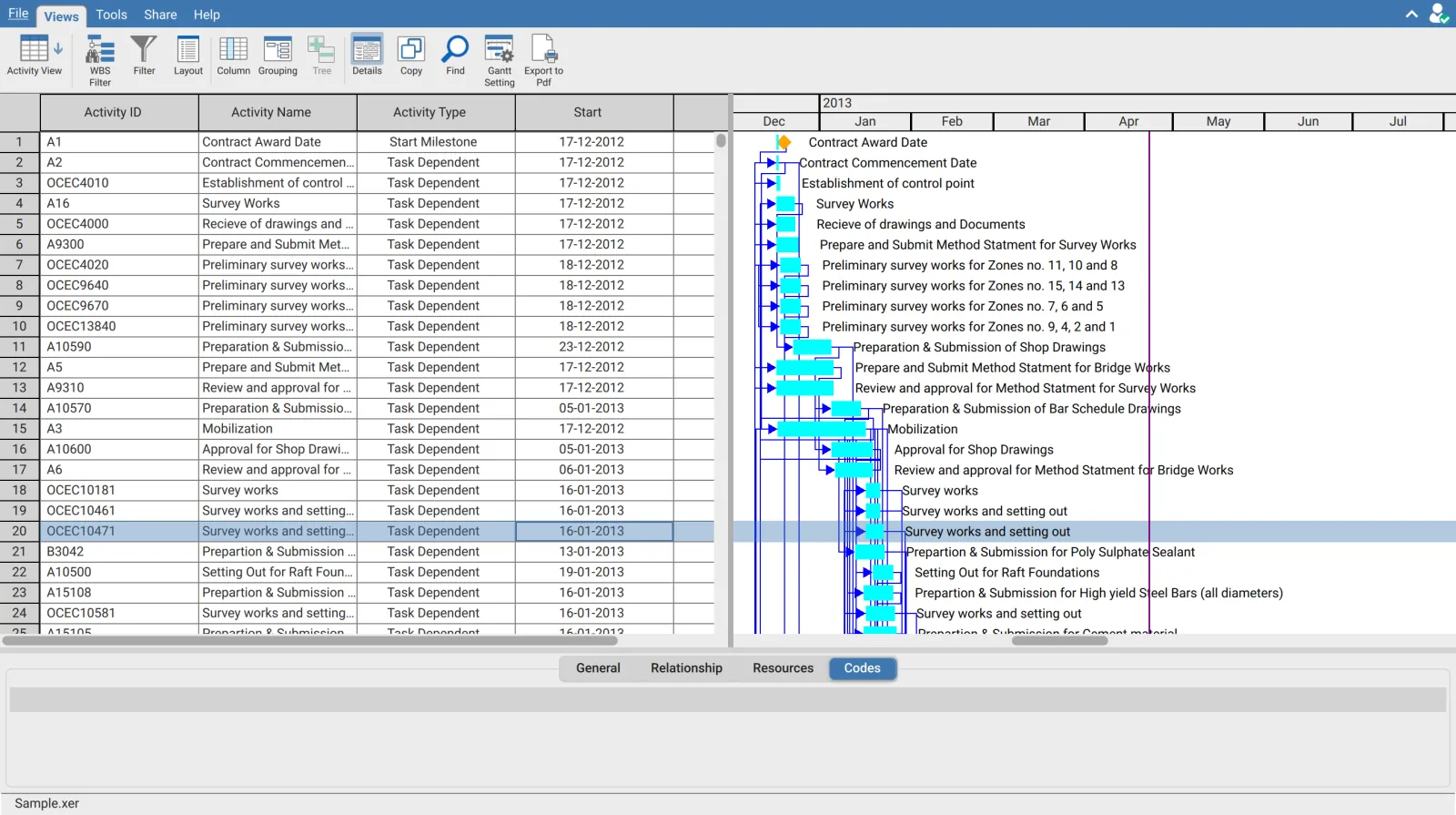 Codes tab of the details panel in XER Reader