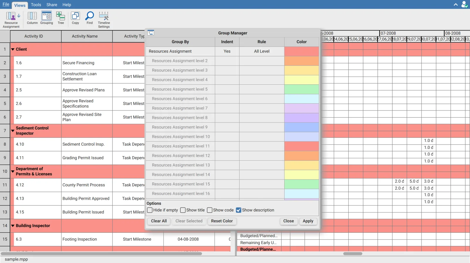 Group Manager in the Resource Assignment view of XER Reader with Resources Assignment set as the group, indent on, rule All Level, and greyed out level rows below it
