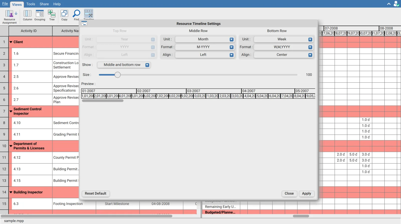 Resource Timeline Settings dialog in XER Reader with Top Row disabled, Middle Row set to Month and Bottom Row set to Week, a Show selector, a Size slider and a live preview