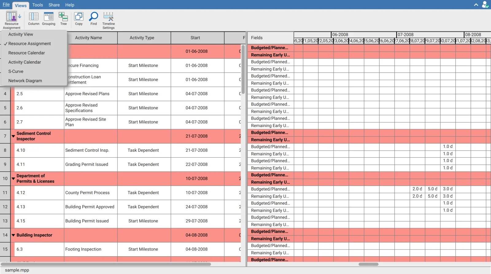 View menu open in XER Reader listing Activity View, Resource Assignment, Resource Calendar, Activity Calendar, S-Curve and Network Diagram