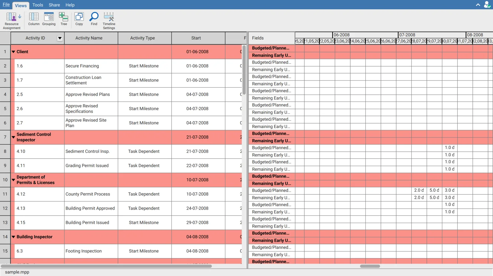 Resource Assignment view in XER Reader with activities grouped under Client, Sediment Control Inspector, Department of Permits and Licenses and Building Inspector, and Budgeted and Remaining unit rows spread across a monthly time scale