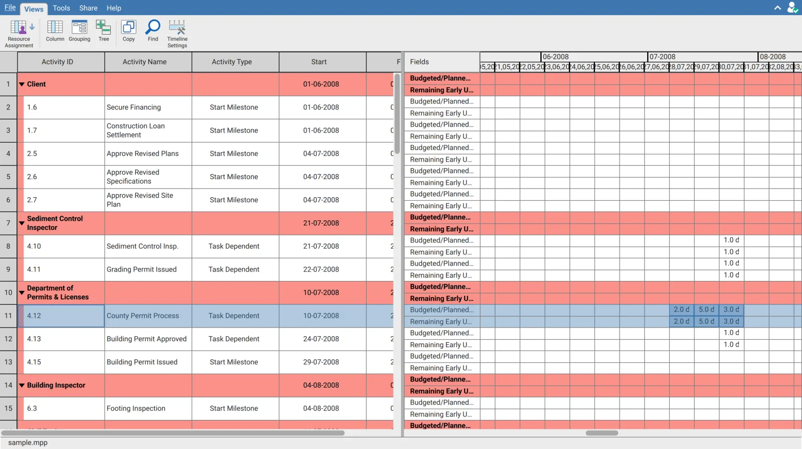 Resource usage spreadsheet in XER Reader with a block of cells selected across both field rows of one activity and three time periods, and the matching row highlighted in the activity table
