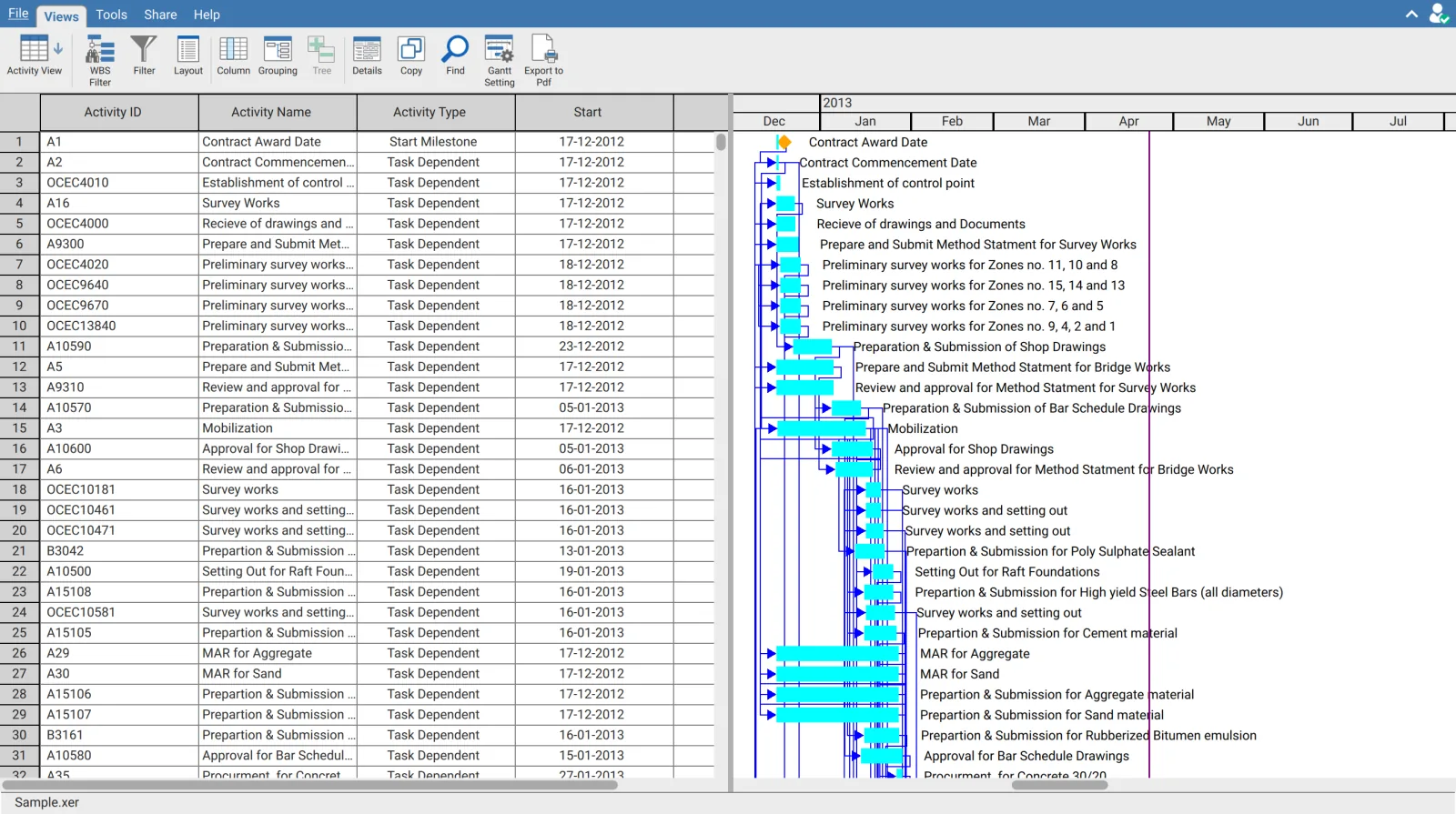 XER Reader live Gantt chart timeline showing clean relationship lines connecting task bars and milestone markers