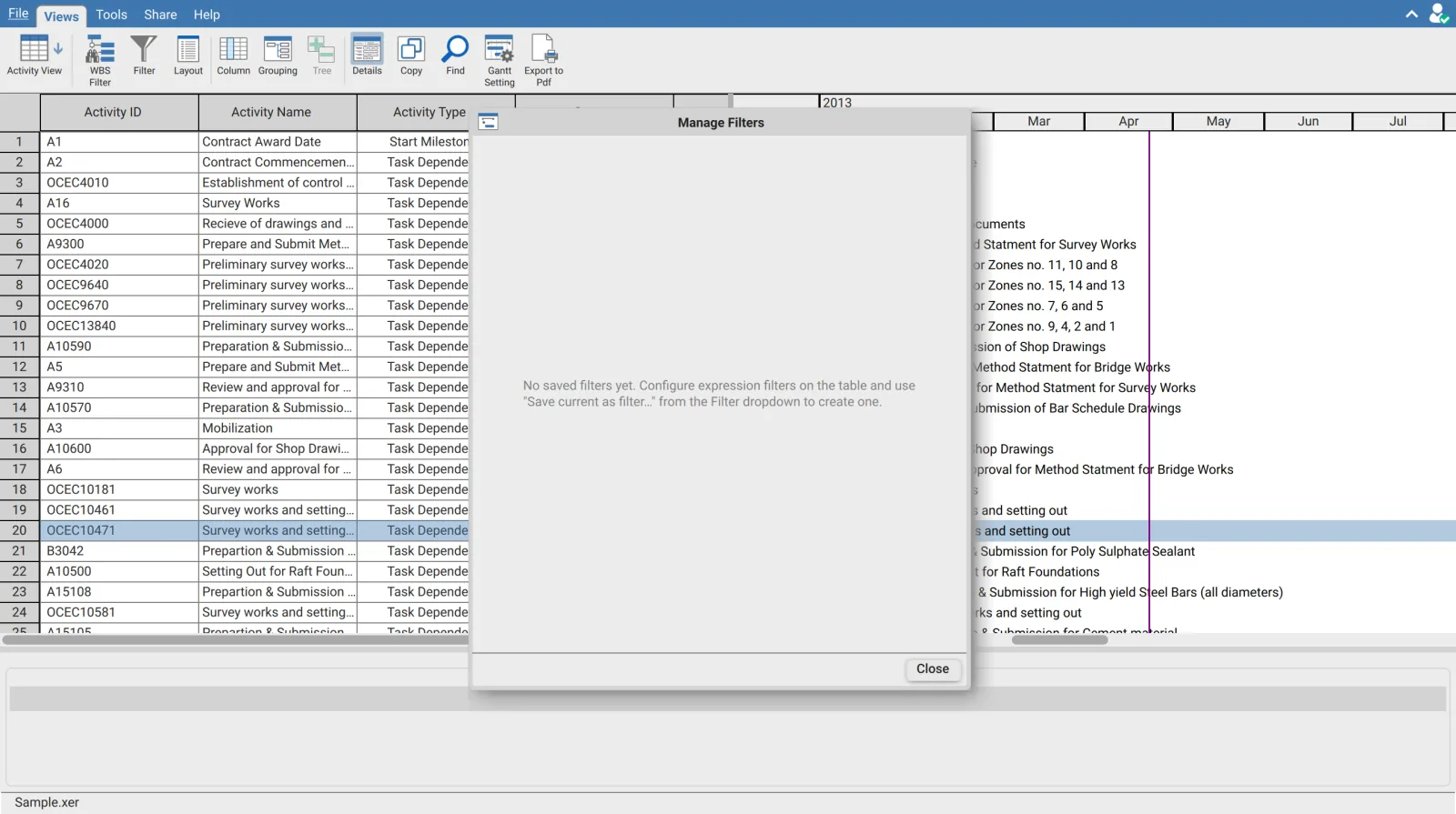 Manage Filters dialog in XER Reader listing saved filters with Apply, Rename, Delete and Details
