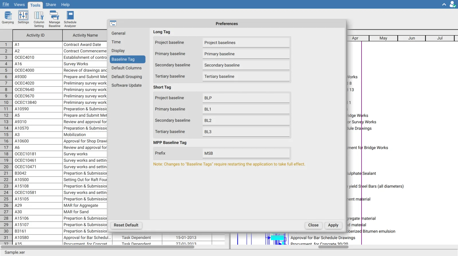 Baseline Tag page of the Preferences dialog in XER Reader showing the long tag and short tag fields for the four baselines and the MPP prefix
