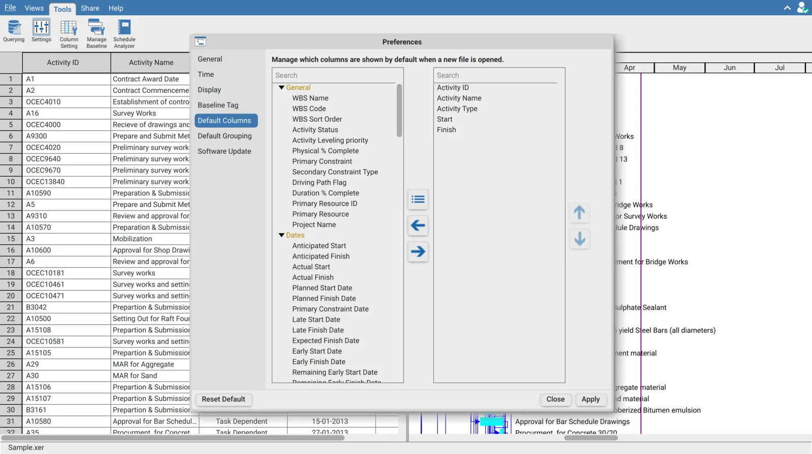 Default Columns page of the Preferences dialog in XER Reader with the grouped available field tree on the left, the selected column list on the right, and the move and reorder buttons between them