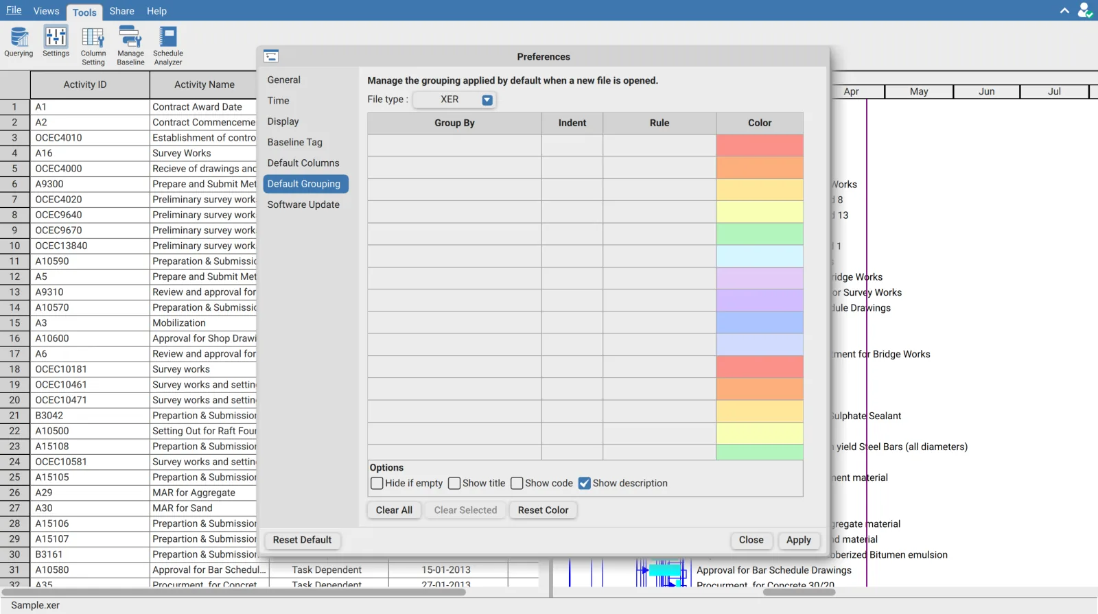 Default Grouping page of the Preferences dialog in XER Reader with the File type selector set to XER and an empty Group By table with its colour bands
